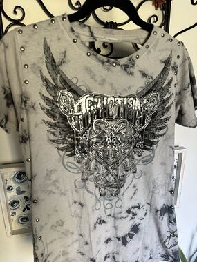 Affliction Gray Tie-Dye Short Sleeve Graphic Tee with Stud Accents Distressed